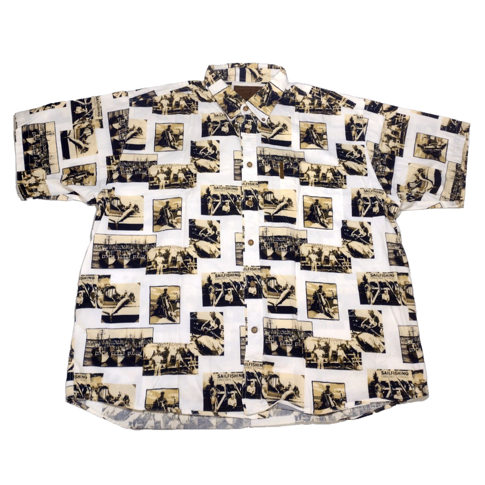 Vintage 90s North River Button Shirt Fishing Graffic Short Sleeve Men's 2X